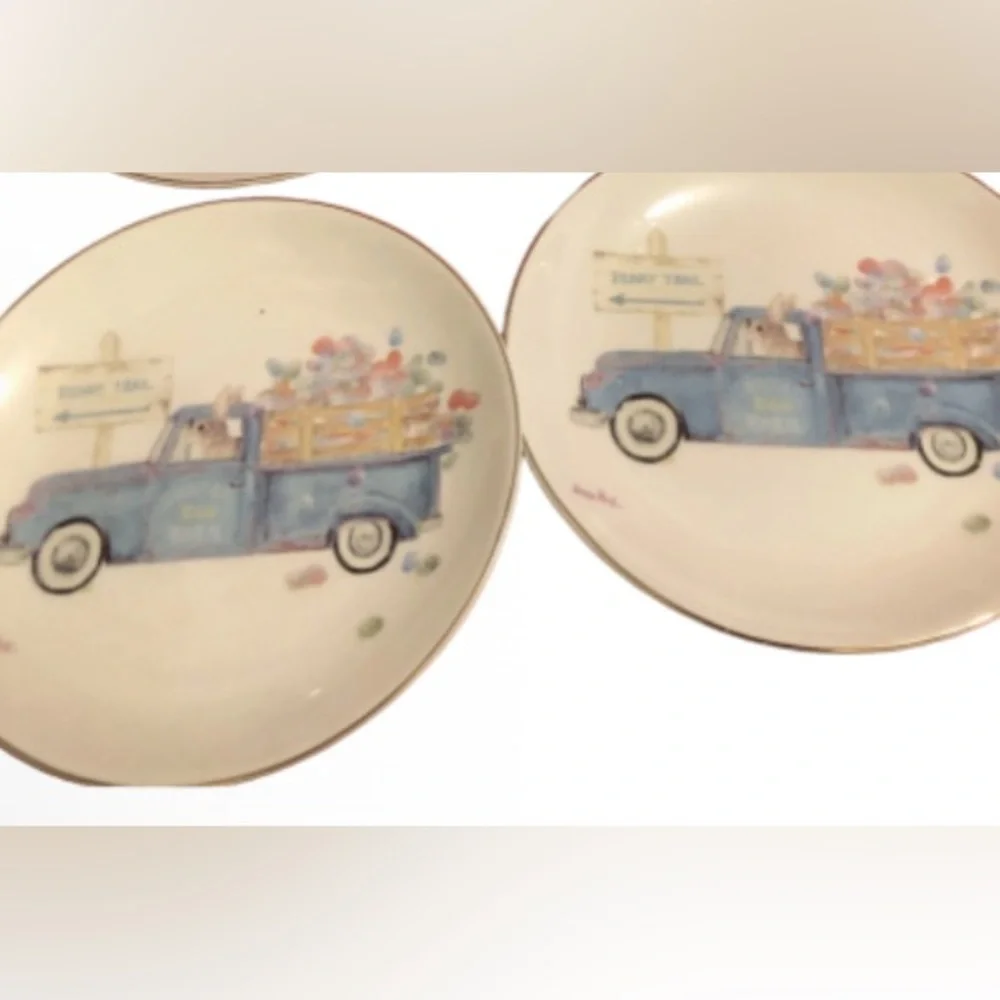 Kathryn White Fine Porcelain bunny happy trails Easter Plate set of 4